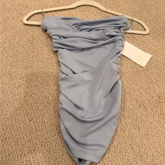 Zara Sky Blue Strapless Ruched Blouse - Picture 2 of 4